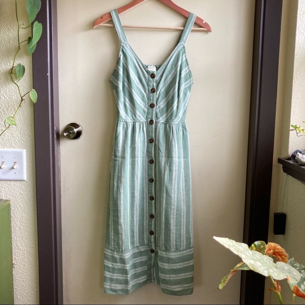 Linen blend striped sage green and white sundress with pockets and buttons